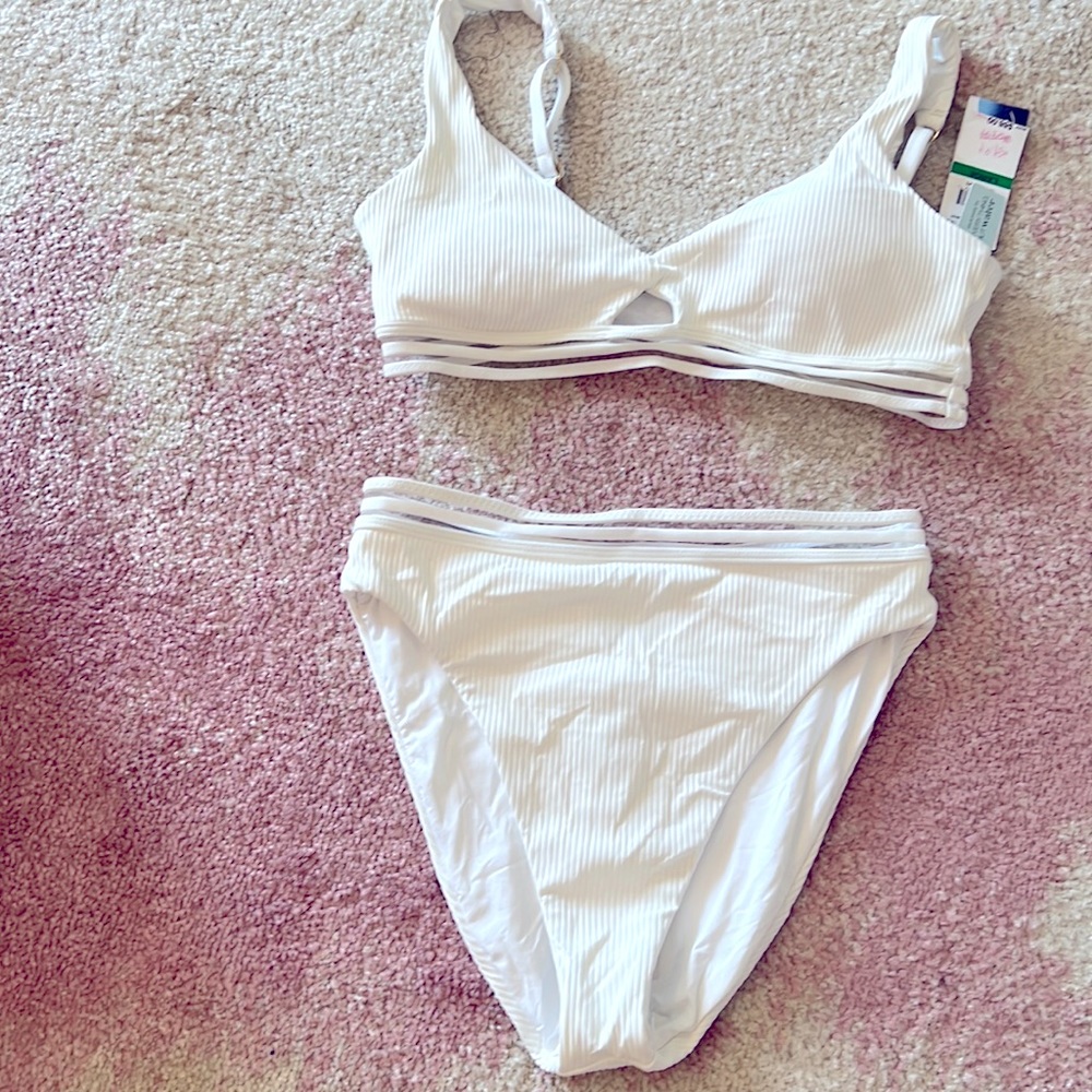High waisted white two piece swimsuit.